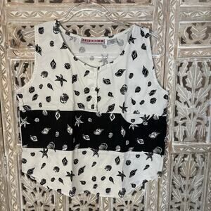 Licorice White & Black Tank Top Beachy Summer Seashell All Over Print SZ MEDIUM